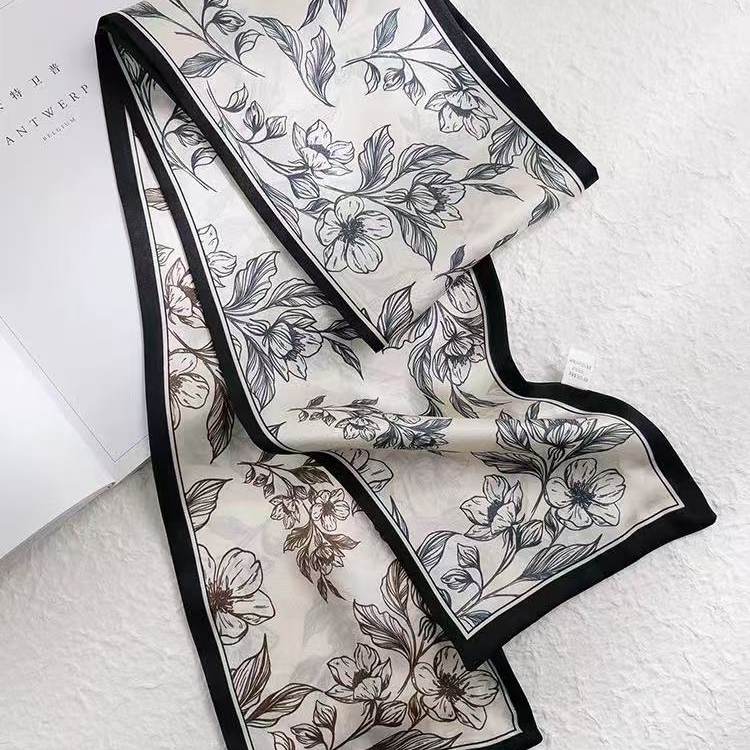 100%桑蚕丝【素描花影】145x16cm长飘带双层真丝丝巾女G352