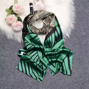 女G507 145x16cm长飘带双层真丝丝巾时尚 100%桑蚕丝 绿色波浪