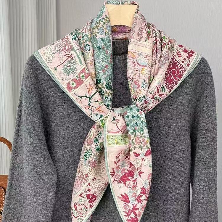 桑蚕丝羊毛【模板】86丝毛方巾双面同色手工卷边丝巾Q715