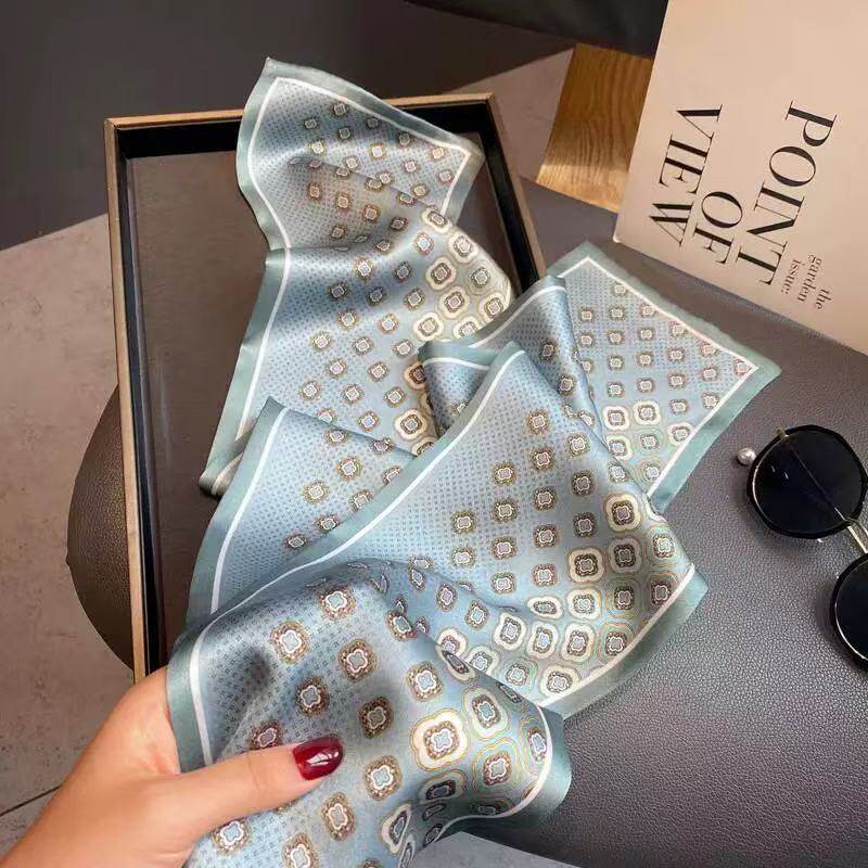 100%桑蚕丝【四叶草蓝色】145x16cm长飘带双层真丝丝巾女G308