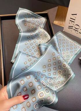 100%桑蚕丝【四叶草蓝色】145x16cm长飘带双层真丝丝巾女G308