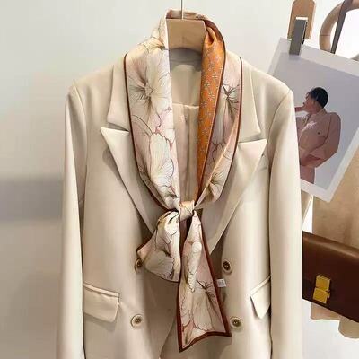 100%桑蚕丝【华丽花影】145x16cm长飘带双层真丝丝巾女G406