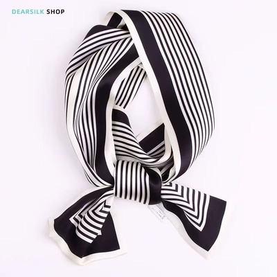 100%桑蚕丝【边框条纹黑】145x16cm长飘带双层真丝丝巾女G317