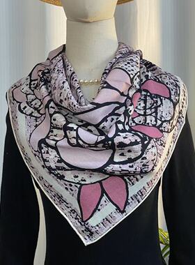 桑蚕丝羊毛【粉山茶花】60丝毛方巾双面百搭女士气质丝巾K307