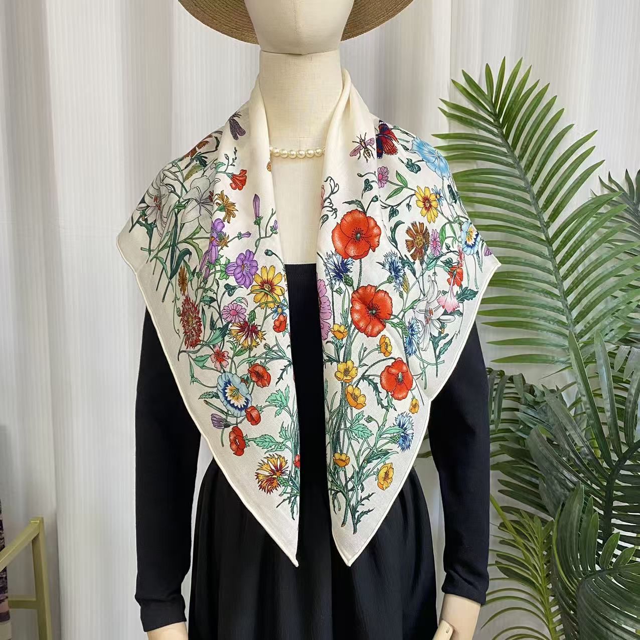 羊毛桑蚕丝【G家花卉白色】86丝毛双面百搭手工卷边围巾丝巾Q727