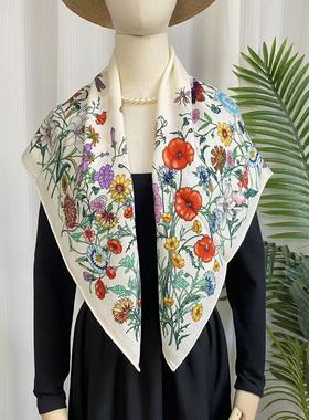 羊毛桑蚕丝【G家花卉白色】86丝毛双面百搭手工卷边围巾丝巾Q727