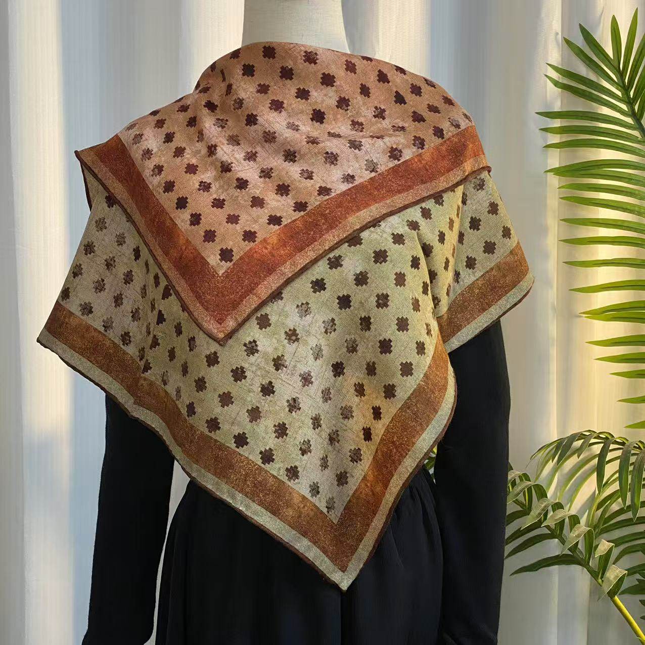 桑蚕丝羊毛【复古田园】60丝毛方巾双面百搭女士气质丝巾K313