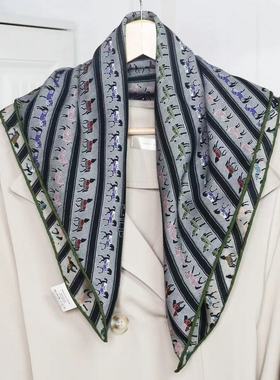 桑蚕丝羊毛【骏马列队】60丝毛方巾双面印花手工卷边丝巾K709