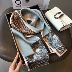 100%桑蚕丝 145x16cm长飘带双层真丝丝巾女G523 腰果湖蓝