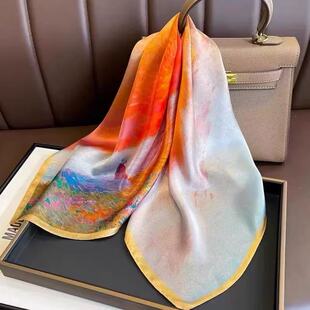 100%桑蚕丝【花卉夕阳】65方巾单面真丝丝巾气质B151