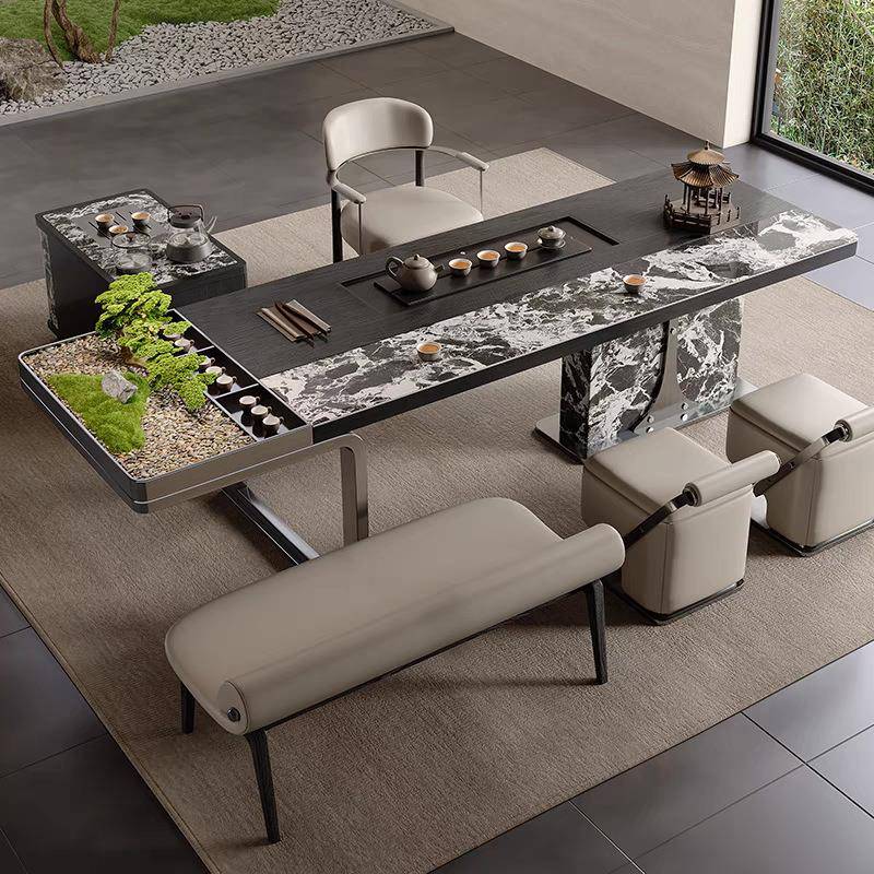 新中式实木岩板茶桌意式极简功夫喝茶桌办公室家用茶台客厅泡茶桌