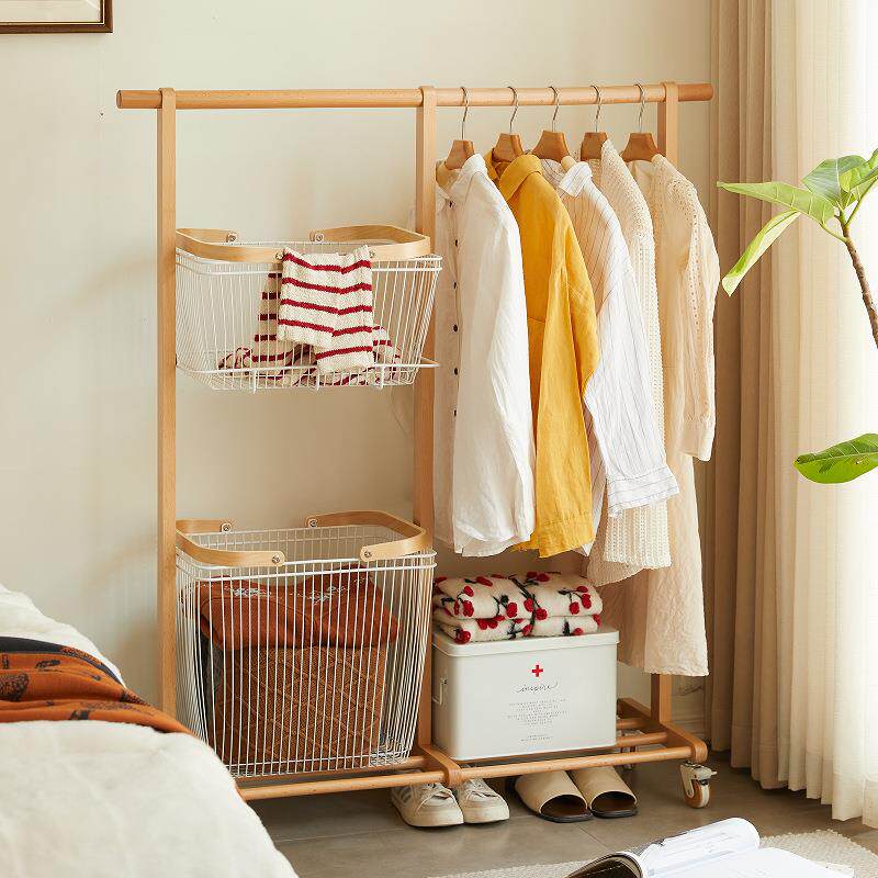 实木衣帽架落地家用卧室挂衣架室内房间简易可移动脏衣篓晾衣架子