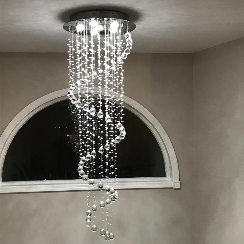 复式楼梯水晶长吊灯轻奢简约LED旋转别墅楼中楼圆形吊线灯