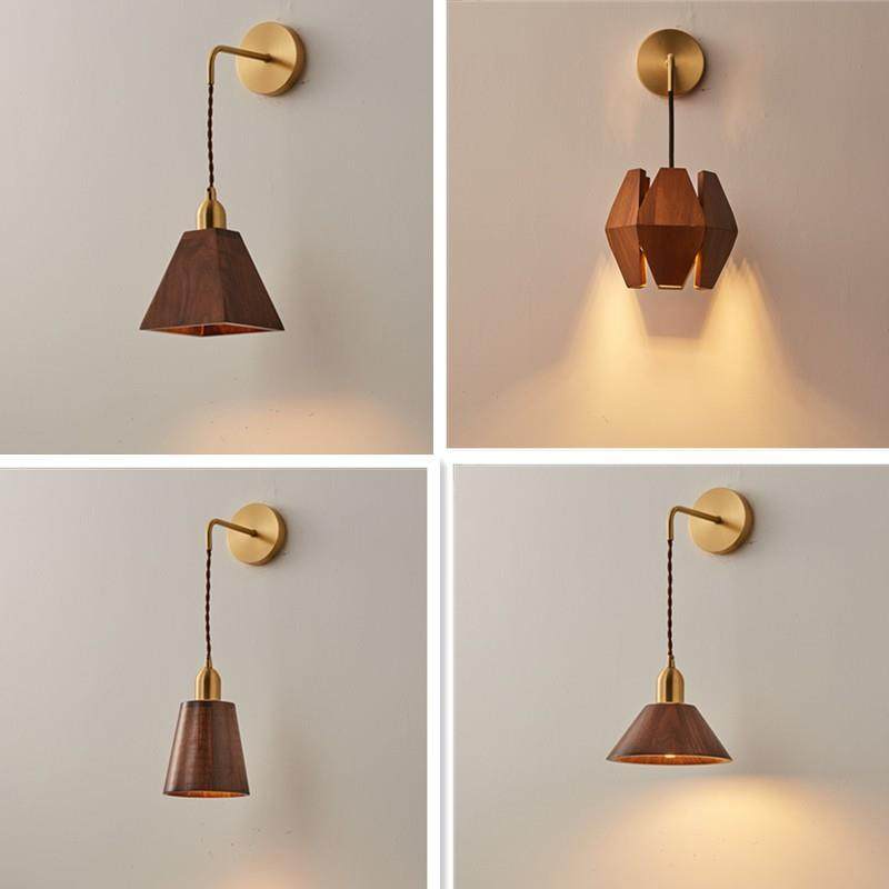 日式复古侘寂风胡桃木设计师卧室床头书房壁灯全铜实木背景墙灯具