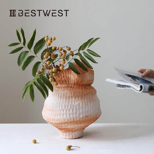 Best west砖红色做旧插花陶罐大号复古侘寂风落地中式创意干花轻