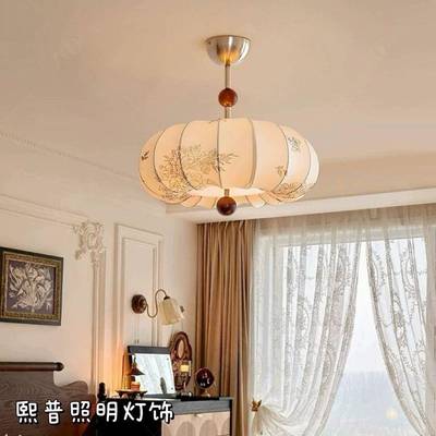 主卧室灯实木南瓜吊灯法式中古风卧室吊灯花纹布艺南洋风温馨浪漫