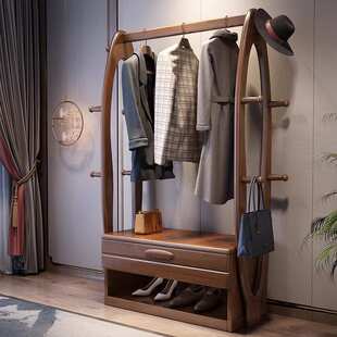 中式风实木衣帽架简约卧室落地挂衣架带抽屉置物架多功能收纳柜子