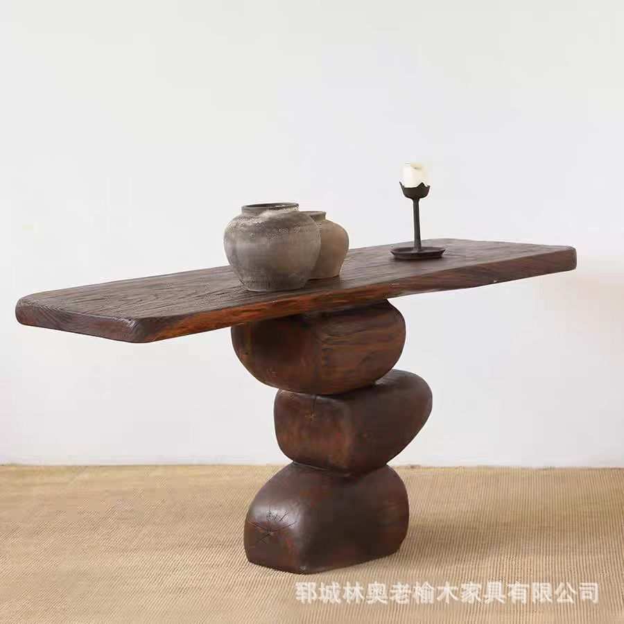 老榆木入户门玄关台实木案台侘寂风民宿茶桌酒店茶几边桌客厅家具