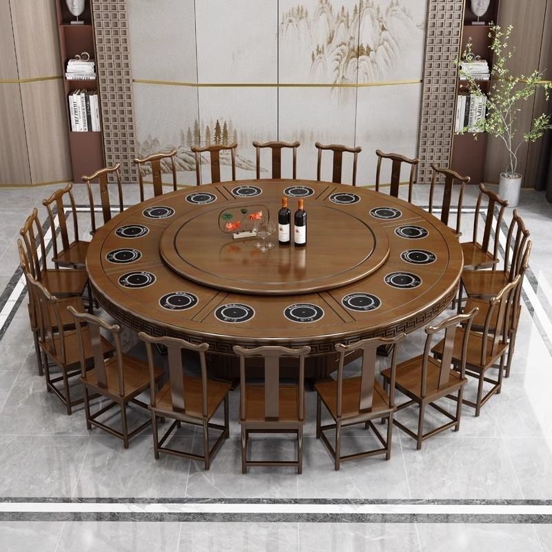 电动餐桌新中式实木20人全自动带转盘电磁炉火锅桌酒店圆形大圆桌