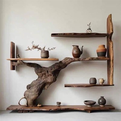 香樟木博古架多宝阁置物架宅寂风复古实木储物架创意特色摆件家具