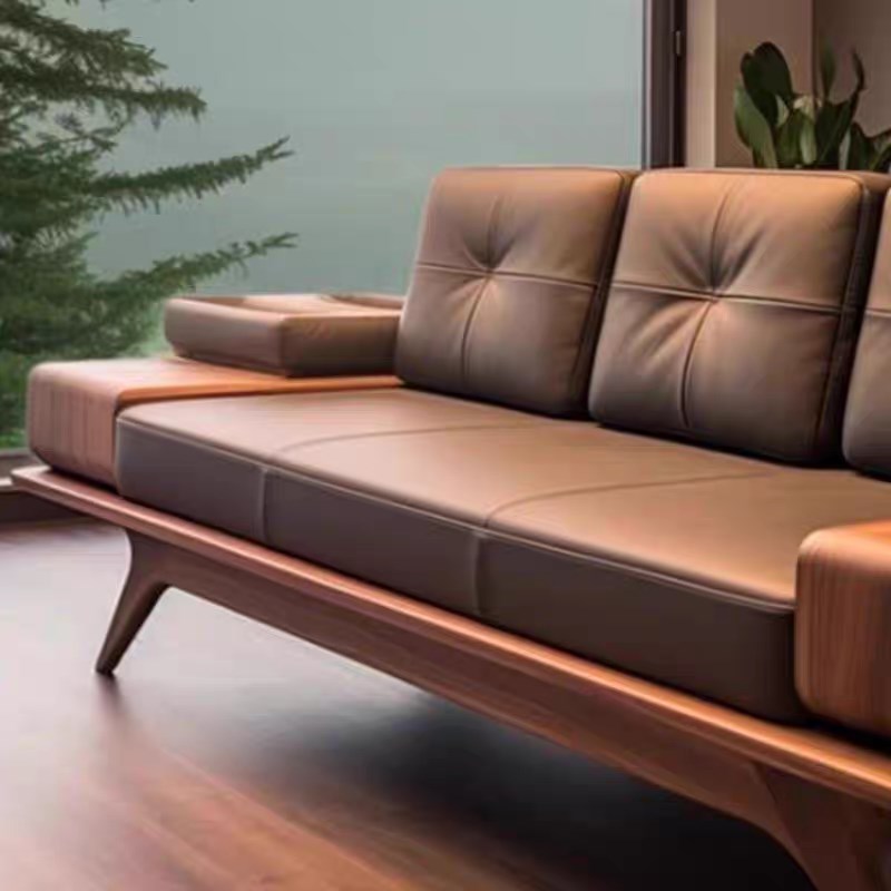 新中式禅意黑胡桃白蜡木沙发直排真皮客厅酒店民宿办公室接待家具