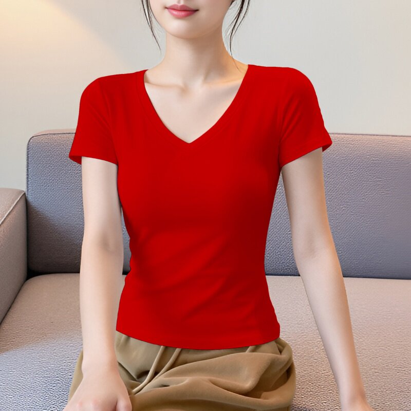红色短袖t恤女V领修身2026春夏季新款正肩百搭半袖体恤打底衫上衣
