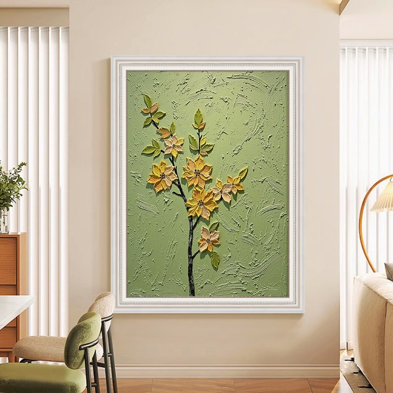 奶油风立体绿色客厅装饰画植物大幅落地肌理手绘油画入户玄关挂画图片