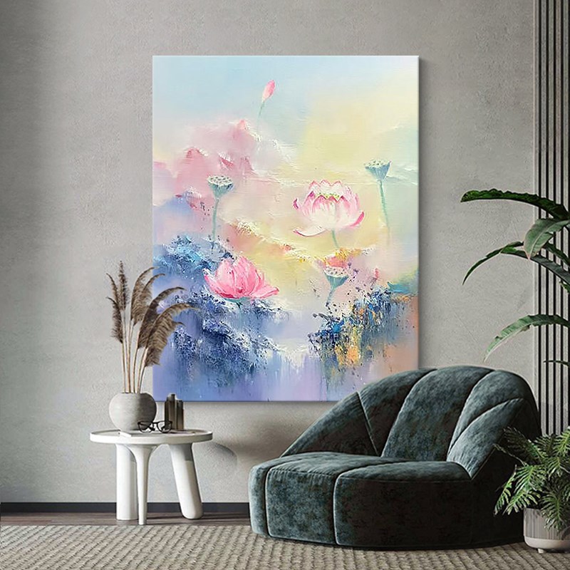 抽象荷花客厅背景墙装饰画好运连连肌理手绘油画玄关挂画餐厅壁画