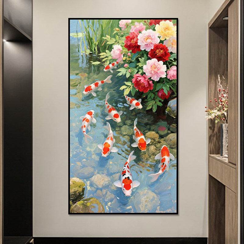 手绘油画锦鲤装饰画玄关挂画年年有余走廊过道牡丹晶瓷喷绘九鱼图图片