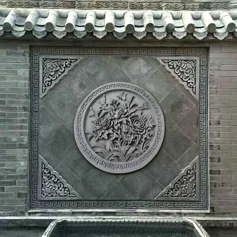 新品砖雕四合院圆形仿古照壁浮雕背景墙砖80cm精品牡丹影壁青砖