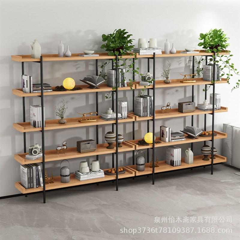 美式创意铁艺实木书架服装店展架办公室家用置物架落地茶室博古架