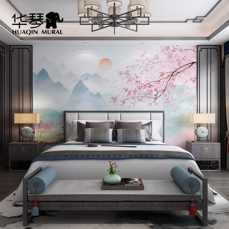 新中式水墨山水电视背景墙壁纸客厅沙发卧室墙纸无缝墙布壁画装饰图片