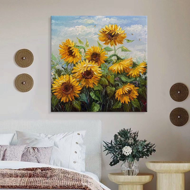 向日葵手绘油画抽象肌理画田园风客厅餐厅装饰画美式玄关方形挂画图片