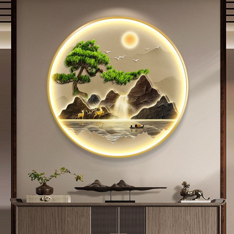 新中式入户圆形玄关装饰画走廊挂画流水生财高档山水带灯画九鱼图图片