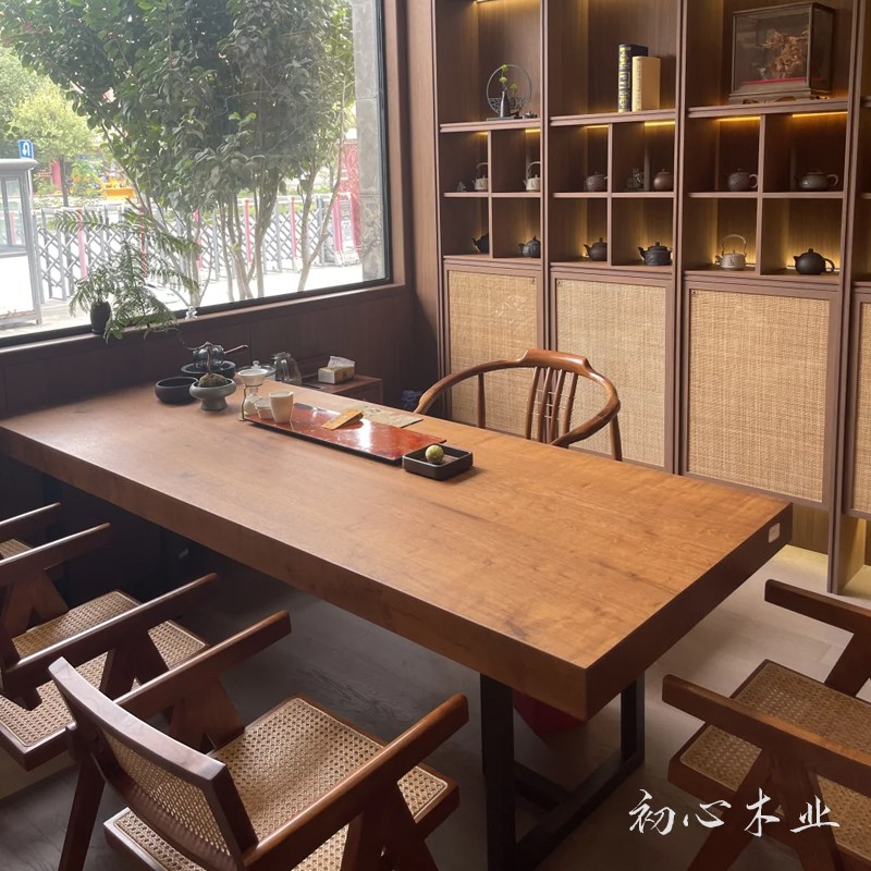 缅甸瓦城柚木大板实木侘寂风茶桌禅意茶室茶台自然边原木餐桌书桌