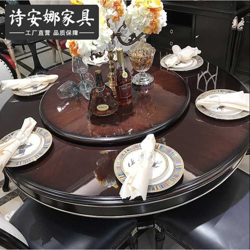 简欧圆餐桌欧式餐桌椅组合美式轻奢圆桌1.35米皮餐桌椅家用圆桌