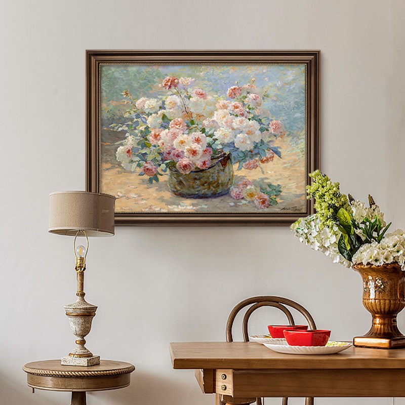 美式餐厅装饰画花卉复古油画饭厅背景墙挂画欧式卧室壁画高档大气图片