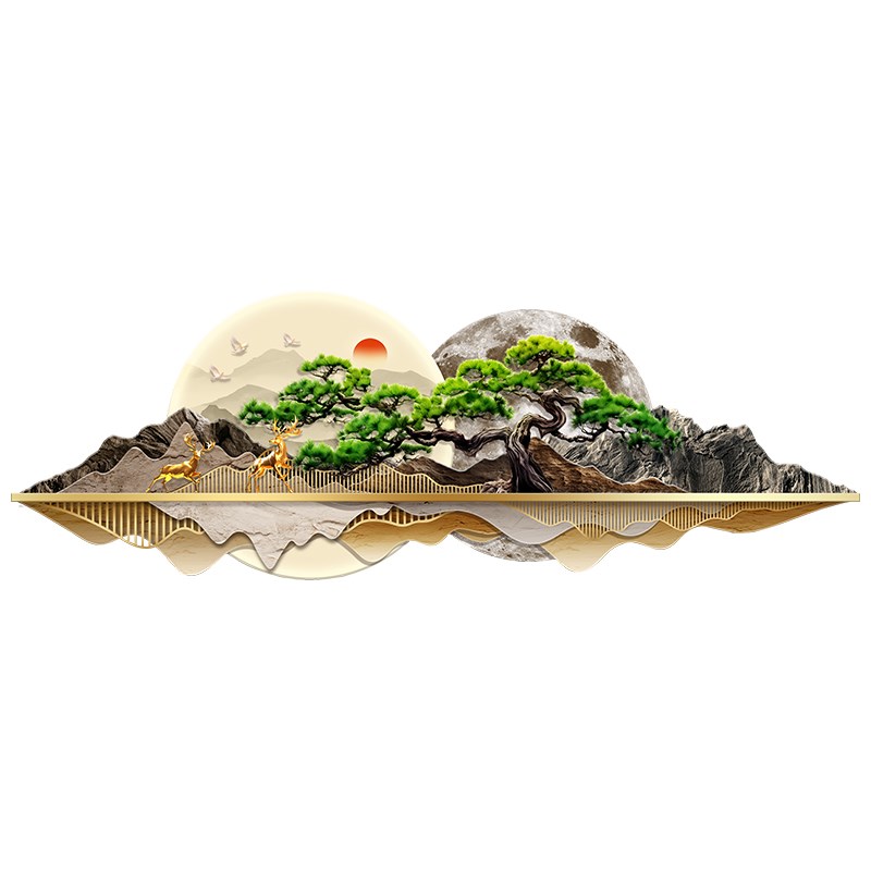 新中式客厅装饰画沙发背景墙挂画大气山水灯光画迎客松现代餐厅画图片