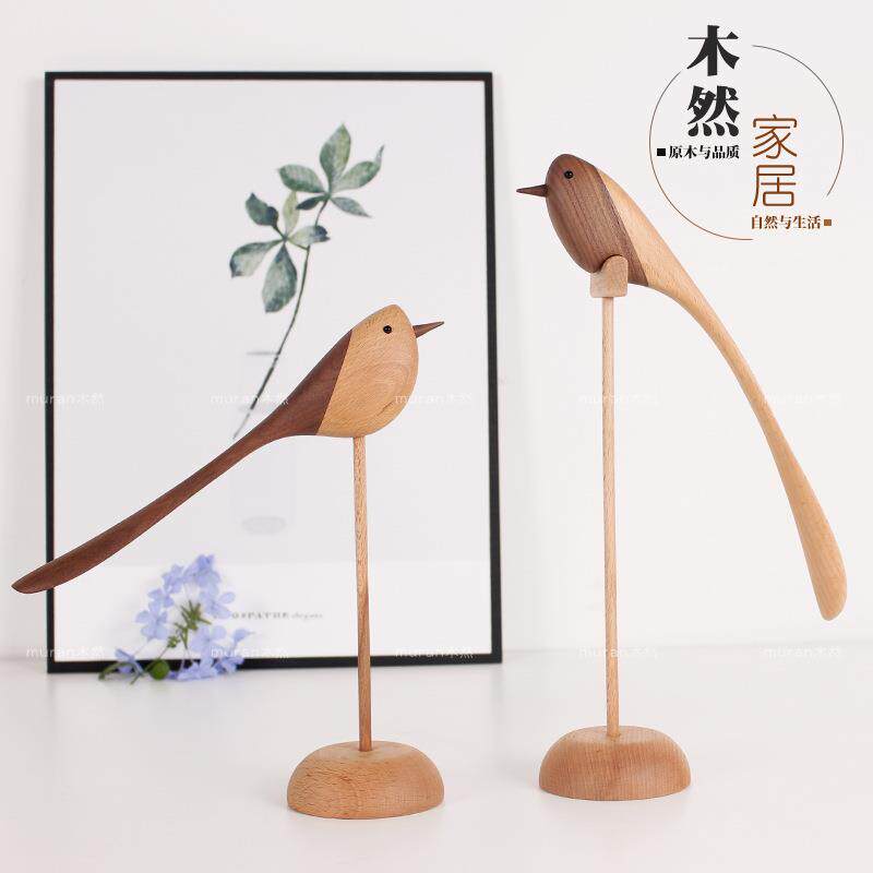 欧式客厅家居创意装饰摆件长尾榉木小鸟摆饰北欧木偶木制工艺品