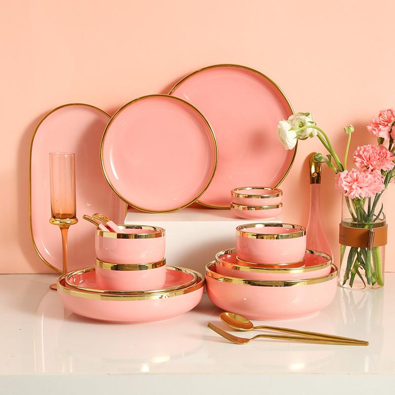 北欧风金边粉色陶瓷餐具碗碟套装家用高档创意个性饭碗菜盘汤盘子