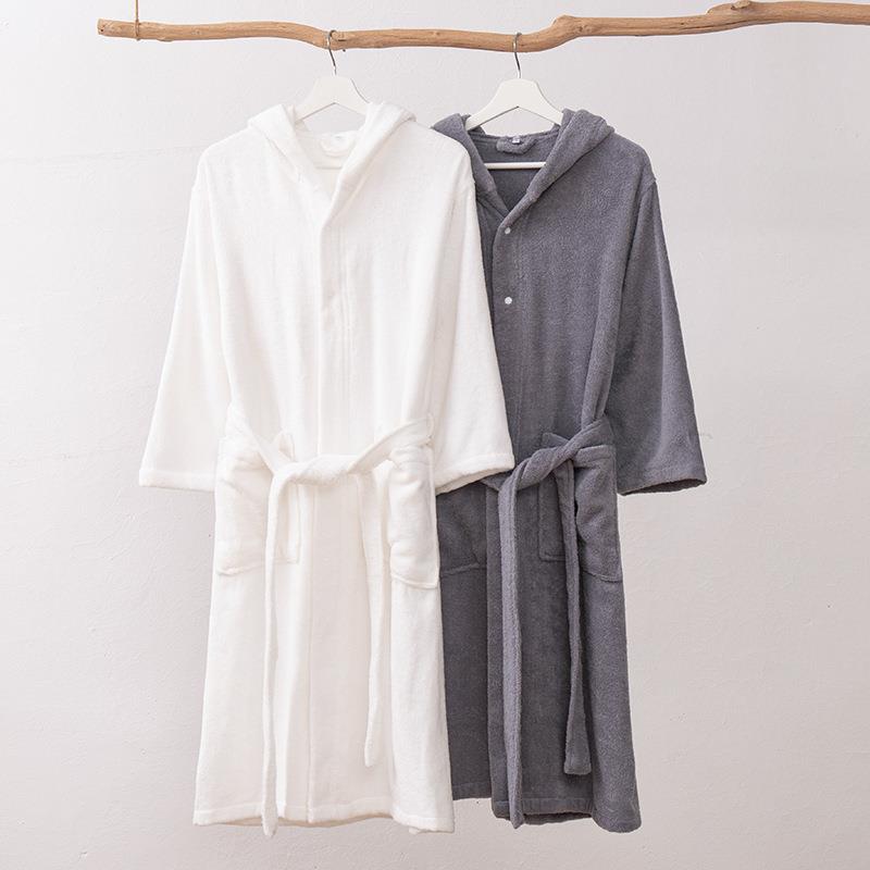 四季全棉连帽加厚浴袍浴衣无侧缝一体情侣款毛巾料睡袍保暖吸水