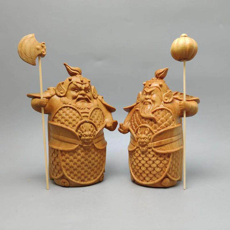 崖柏木雕门哼哈二将手把件实木人物摆件家居客厅创意工艺品将