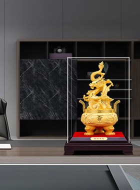 绒沙金祥龙聚宝盆摆件招财办公室客厅玄关开业礼物生肖龙装饰乔迁