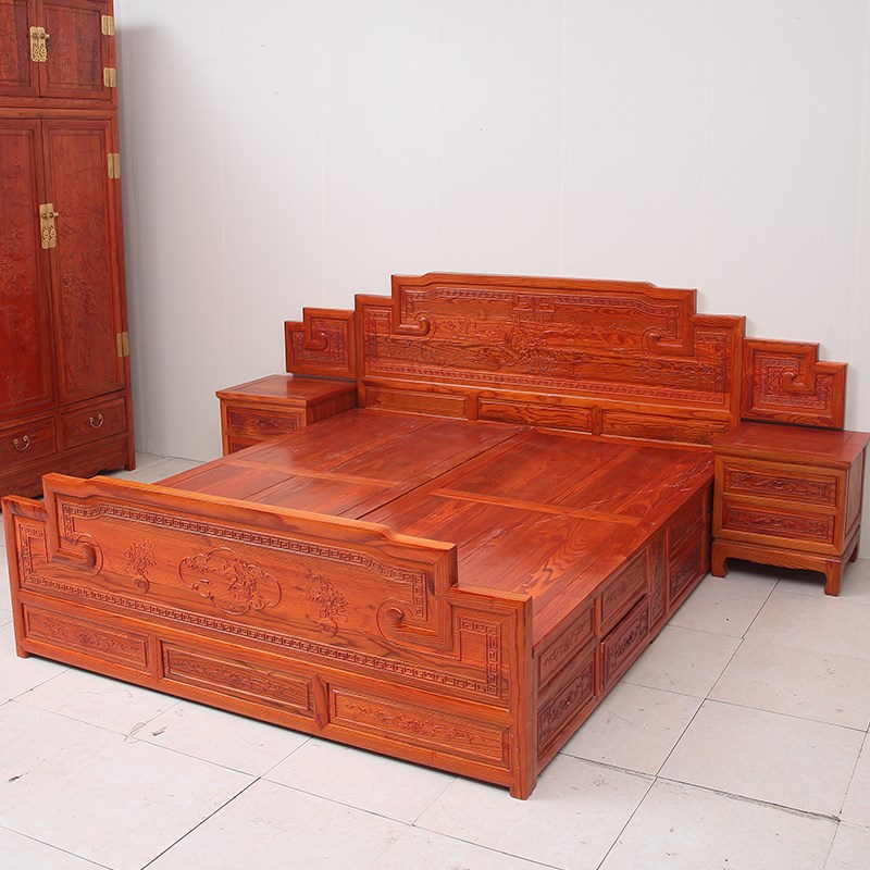 实木大床中式双人床1.8米榆木雕花山水床带床头柜红木仿古组合床