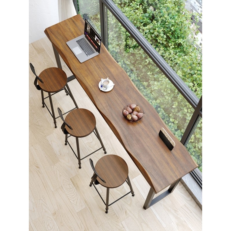 家用吧台复古阳台桌双层实木靠窗靠墙窄桌长条高低脚长桌子高脚桌