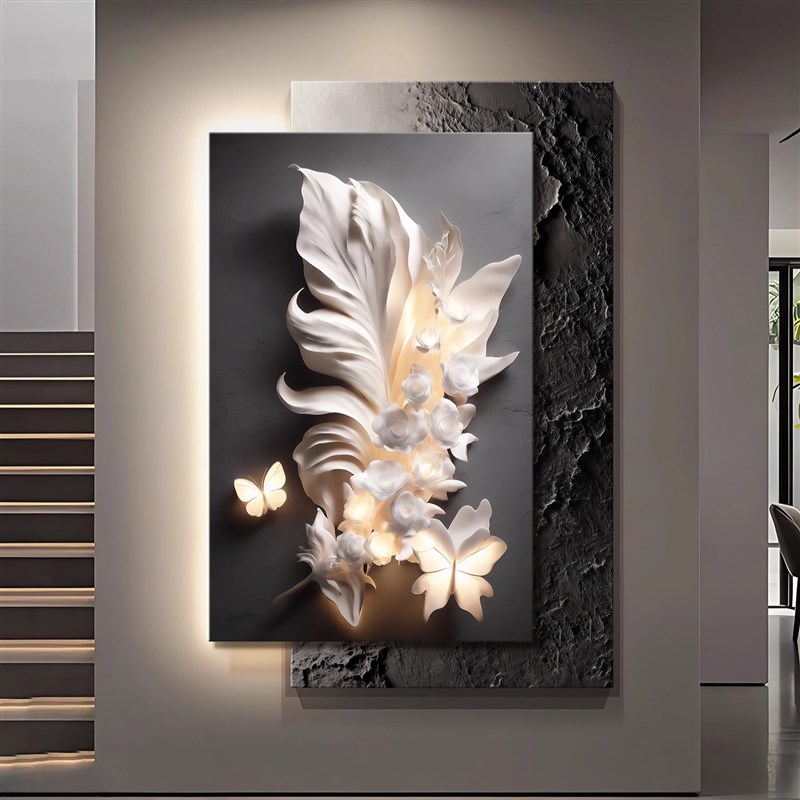 羽毛玄关装饰画花卉立体感挂画现代浮雕感轻奢灯光入户正对门墙画图片