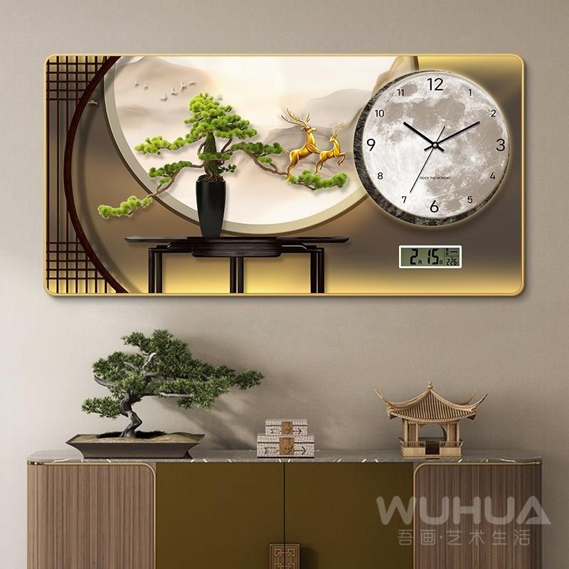 迎客松新中式餐厅装饰画电子万年历山水画饭N厅挂钟表客厅时钟壁