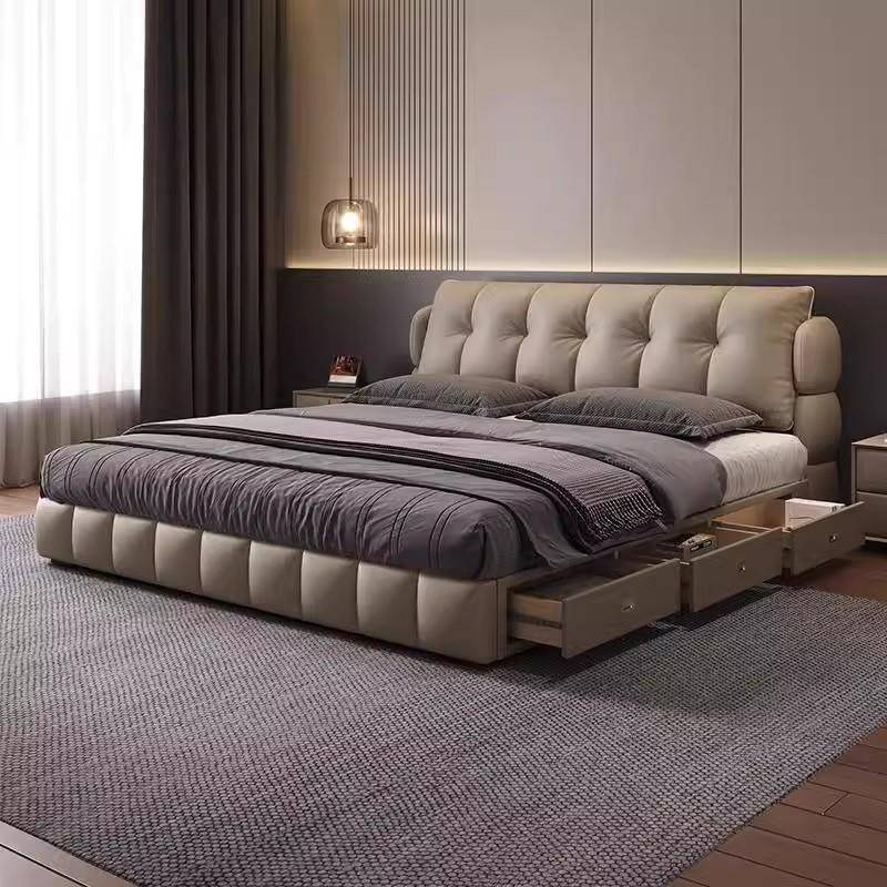 江南木坊新款奶油真皮大床现代简约轻奢储物主卧豪华高端婚床