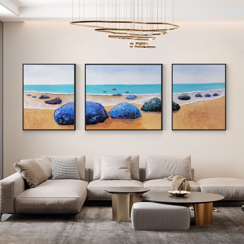 纯手绘海岸礁石客厅背景墙装饰画沙发墙挂画现代三联唯美立体肌理图片