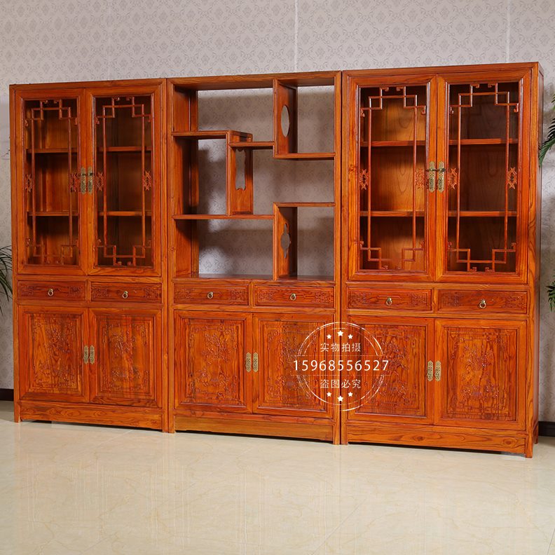 落地全实木新中式书桌书房禅意三书柜书架仿古榆木组合南雕花带门